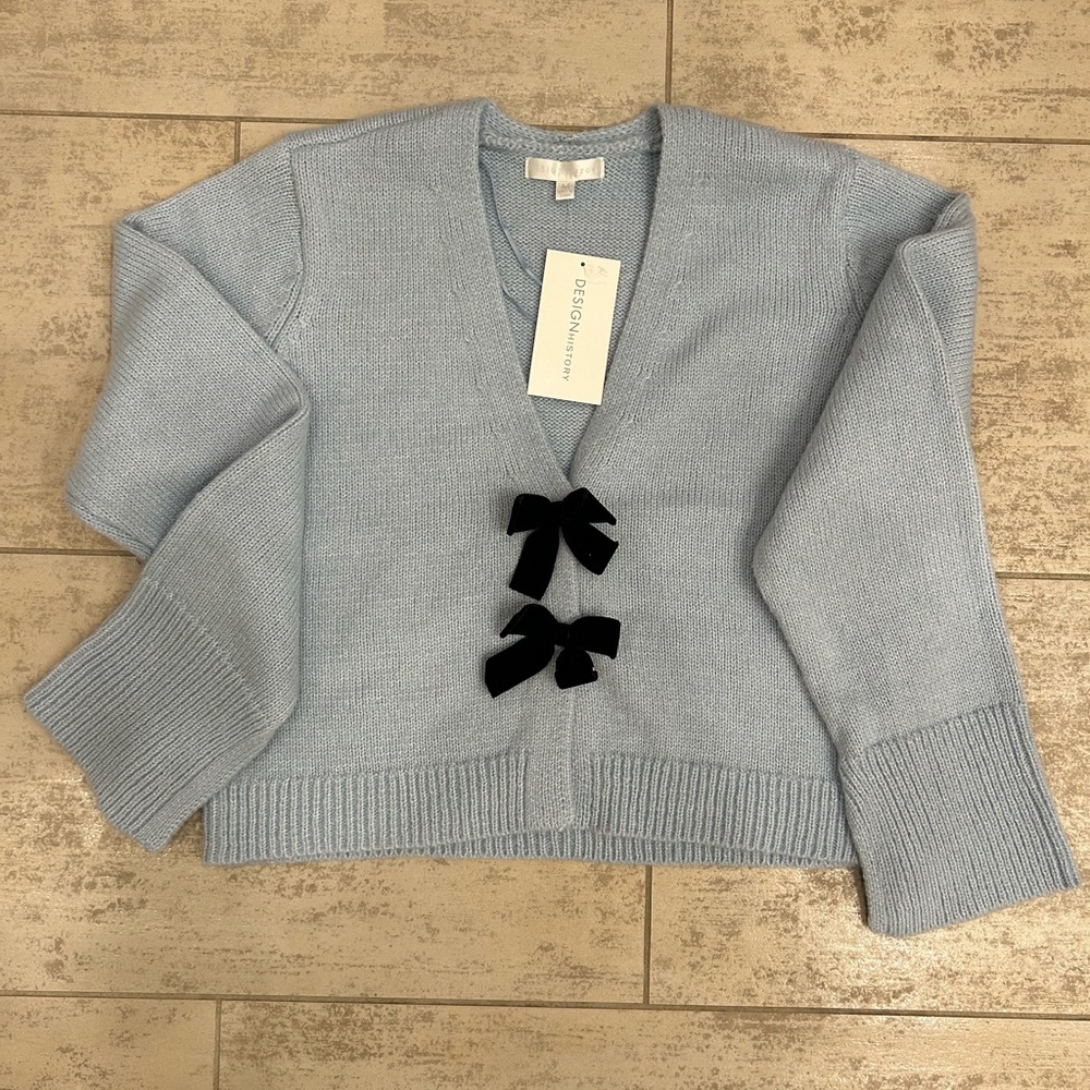 Design History Blue Cardigan with Black Bow Accents